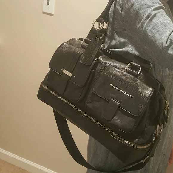 Piquadro Black Leather Duffle Bag Weekender - Picture 14 of 16